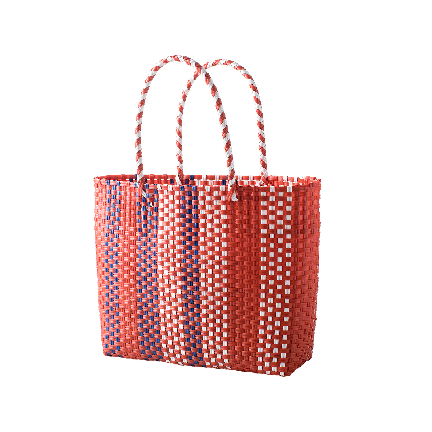 カゴバッグ 手編み市松模様編み込み持ち手カゴバッグ