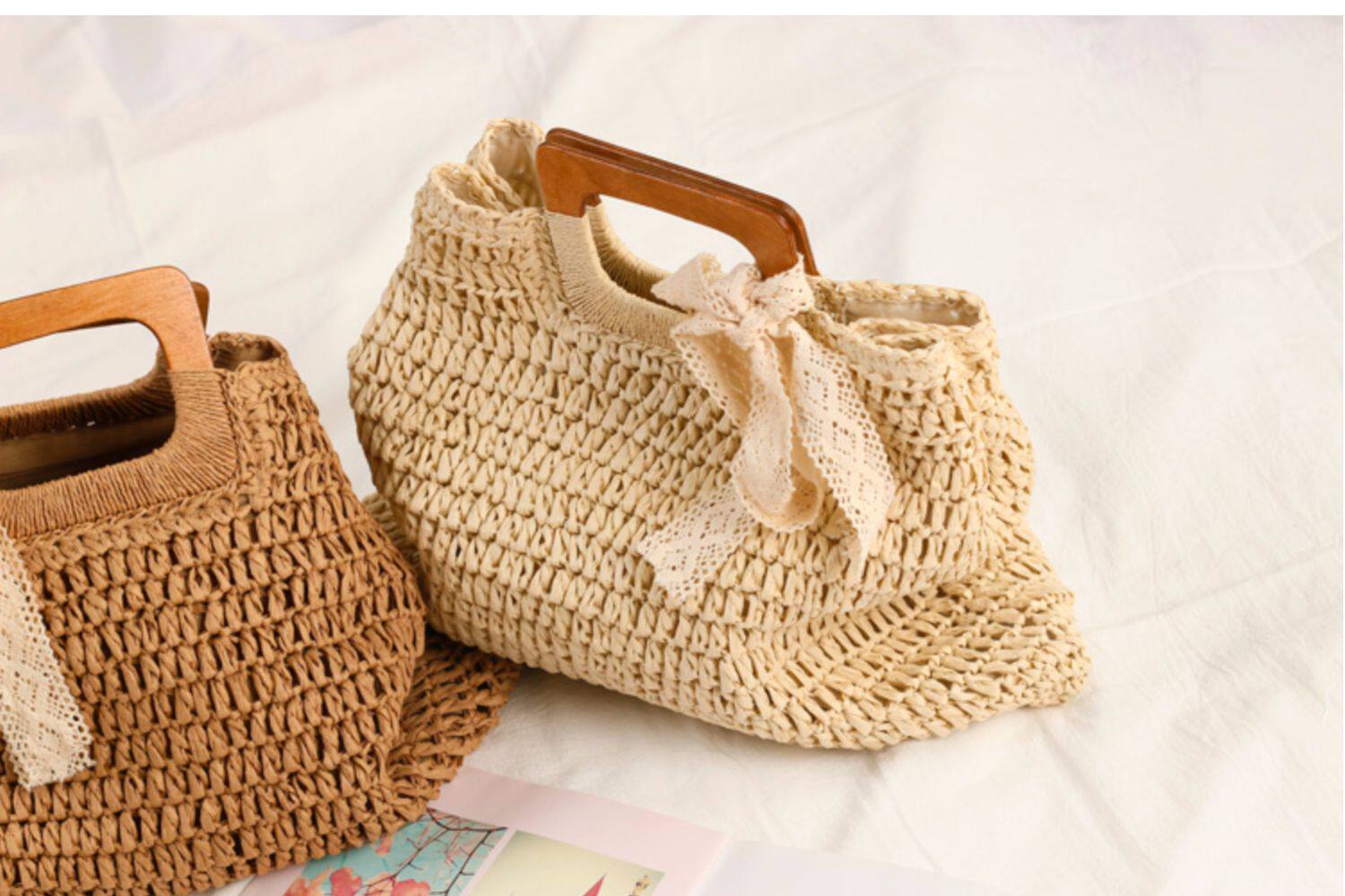 カゴバッグ 木製ハンドル付き手編みカゴバッグ巾着型