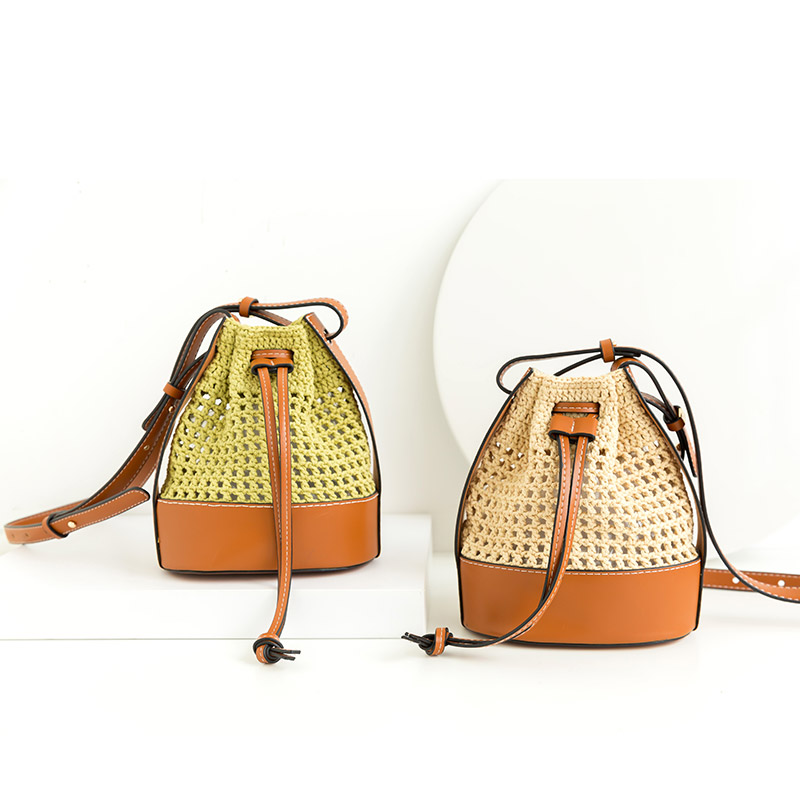 カゴバッグ 手編み風籐編み巾着型ハンドバッグ