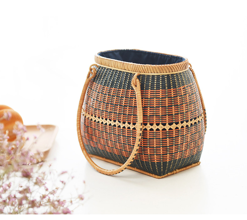 カゴバッグ 民族調幾何学模様編み込みハンドバッグ型かごバッグ