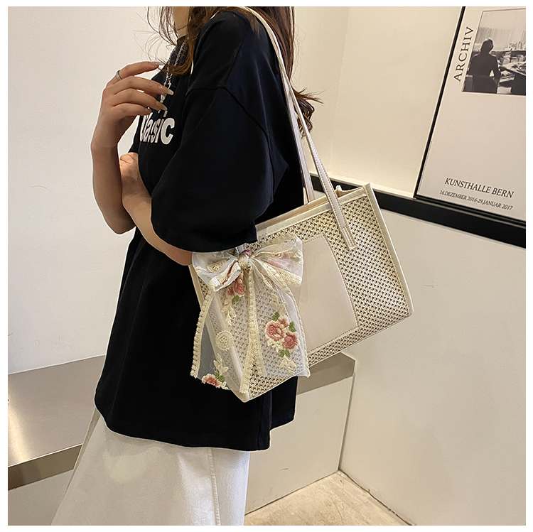 カゴバッグ 花柄リボン付きメッシュ編みトート型かごバッグ