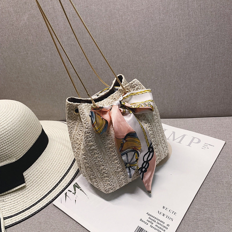 カゴバッグ スカーフ付き透かし編み巾着型ショルダーバッグ