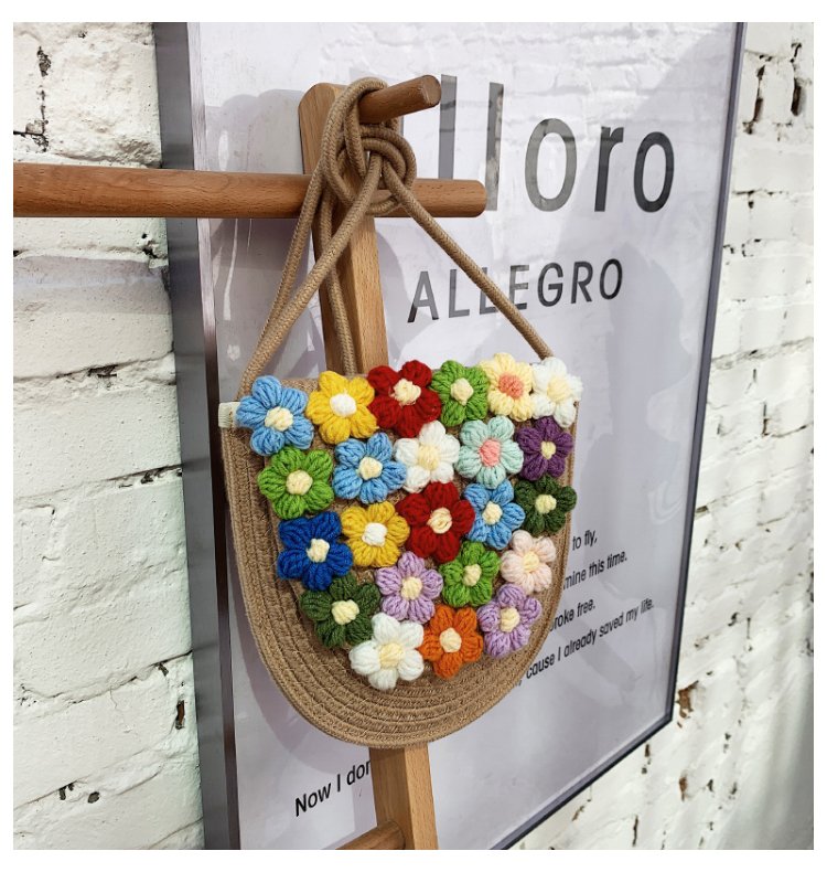 カゴバッグ 花モチーフ刺繍円形ショルダーかごバッグ