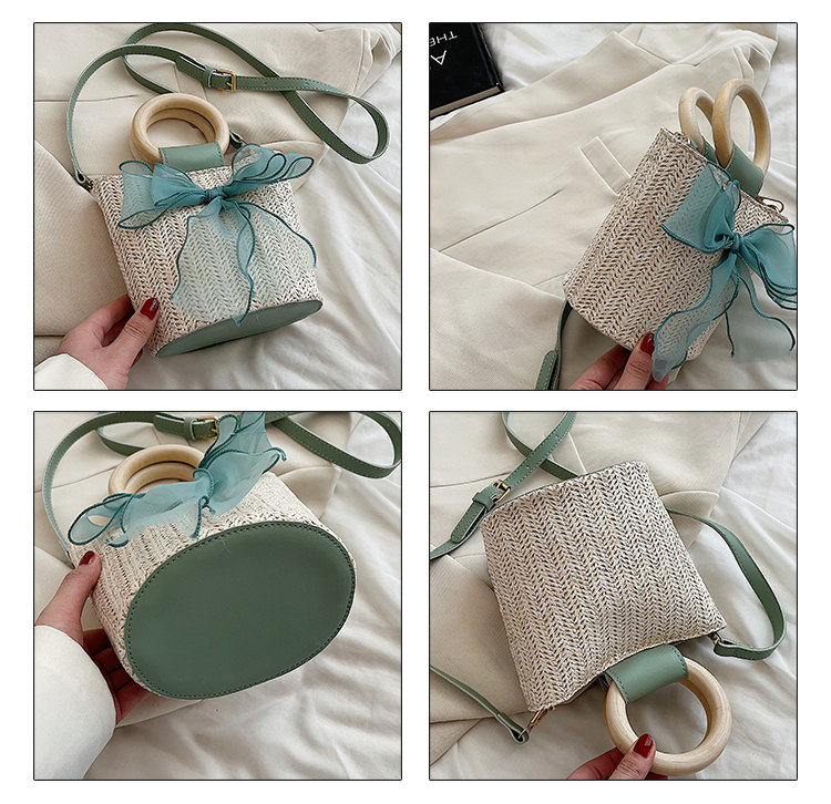 カゴバッグ 木製持ち手のバケツ型シフォンリボン付きカゴバッグ