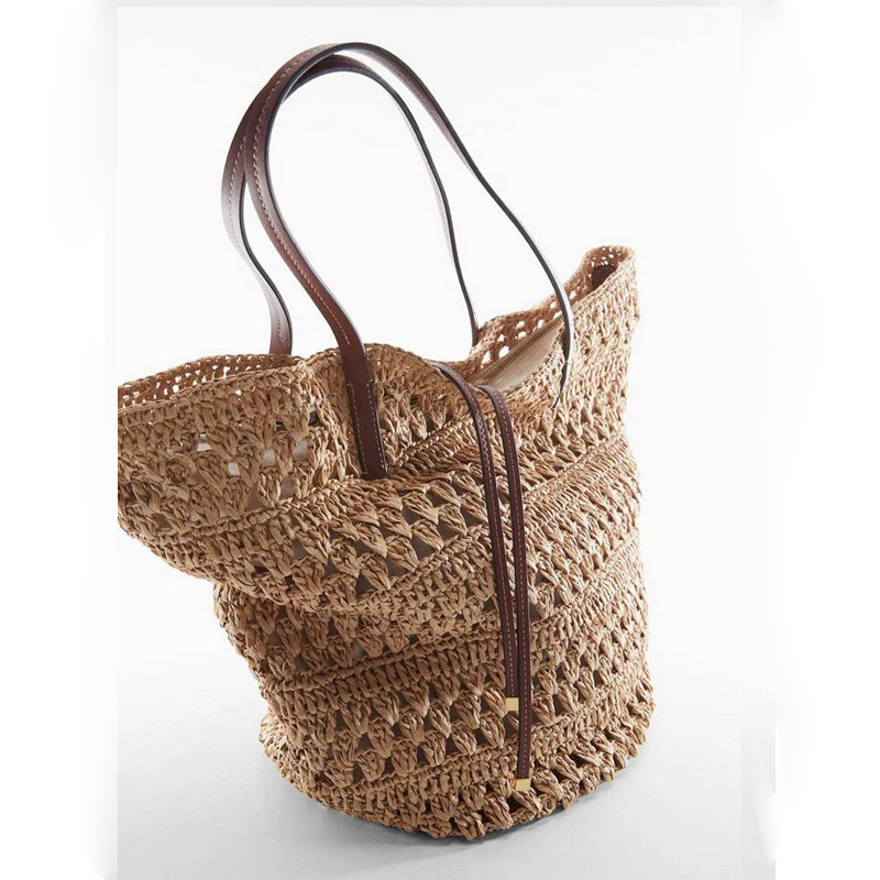 カゴバッグ 透かし編みデザイン本革持ち手トート型かごバッグ