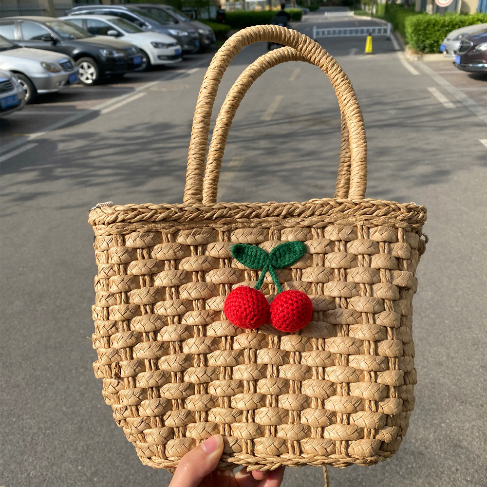 カゴバッグ 手編み藁素材レース飾り付きトート