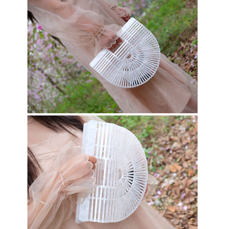 カゴバッグ 扇型竹編み風アクリル製ハンドバッグ