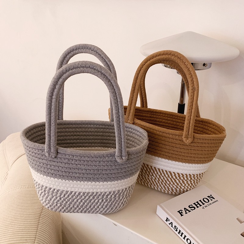 カゴバッグ 編み込みデザイン三段配色トート型カゴバッグ