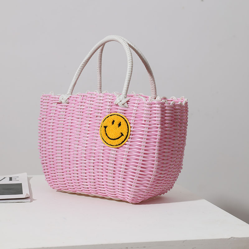 カゴバッグ 笑顔刺繍ワンポイント編み込みカゴバッグ