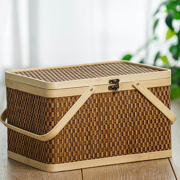 カゴバッグ 天然素材の蓋付きピクニックバスケット風ハンドバッグ