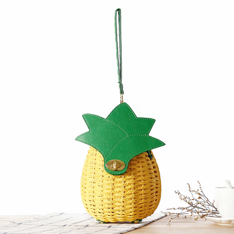 カゴバッグ 南国風パイナップル型編み込みハンドバッグ