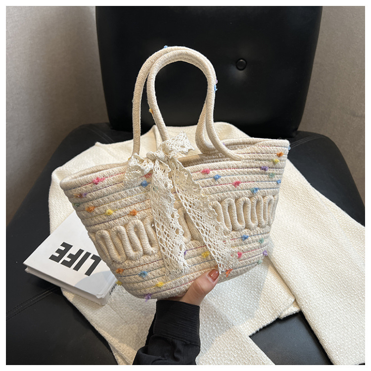 カゴバッグ 麦わら編みレースリボンかごバッグ