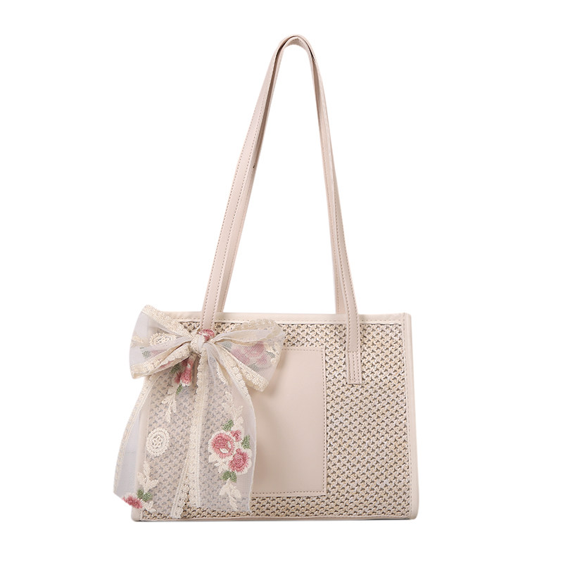 カゴバッグ 花柄リボン付き編み込みトート型バッグ