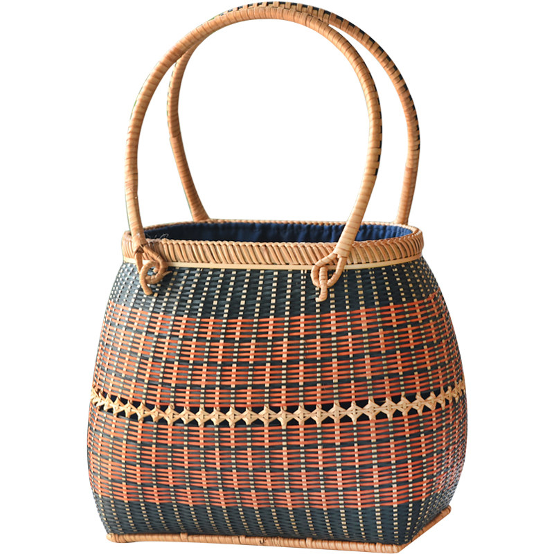 カゴバッグ 民族調幾何学模様編み込みハンドバッグ型かごバッグ