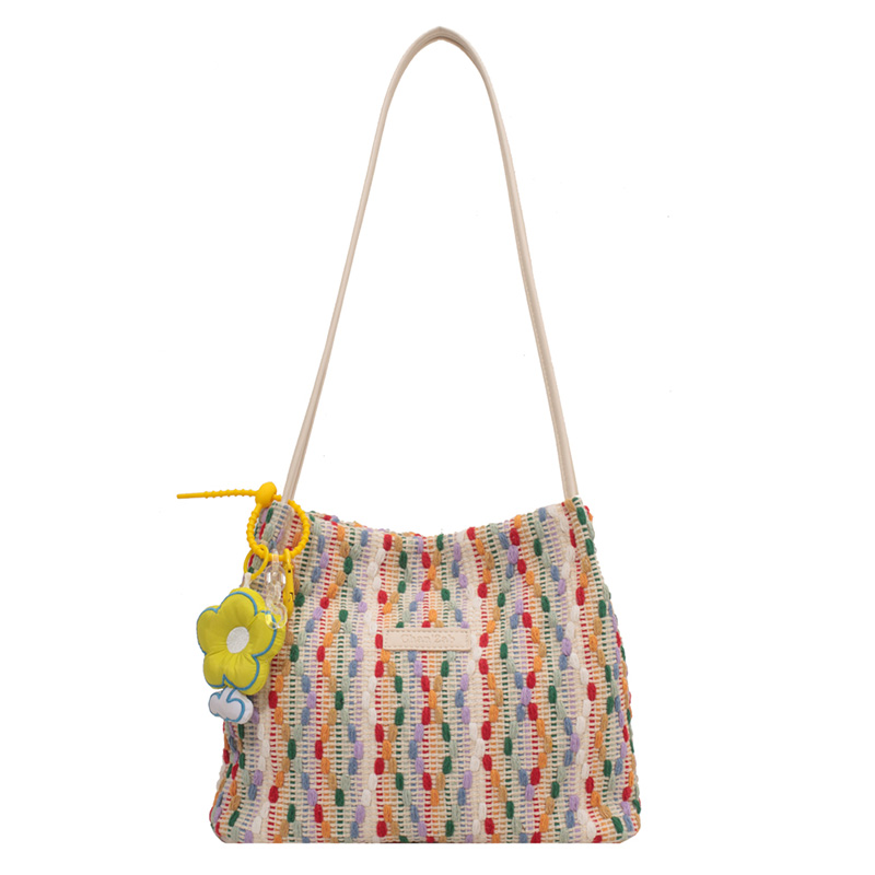 カゴバッグ 花飾り付き編み込みカゴバッグショルダー