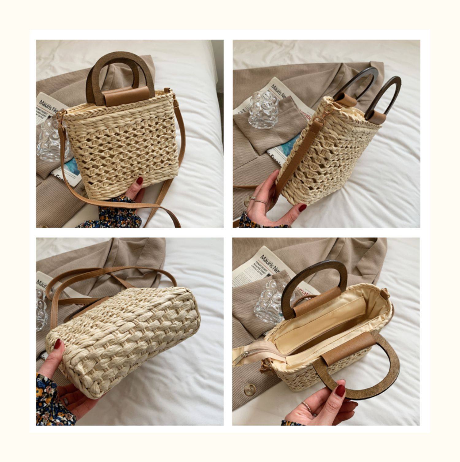 カゴバッグ 手編み風透かし編みスクエア型２way仕様かご鞄