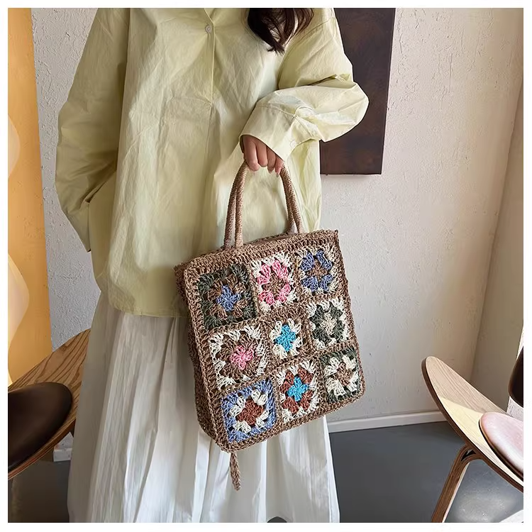 カゴバッグ 花模様編み込みナチュラルショルダー
