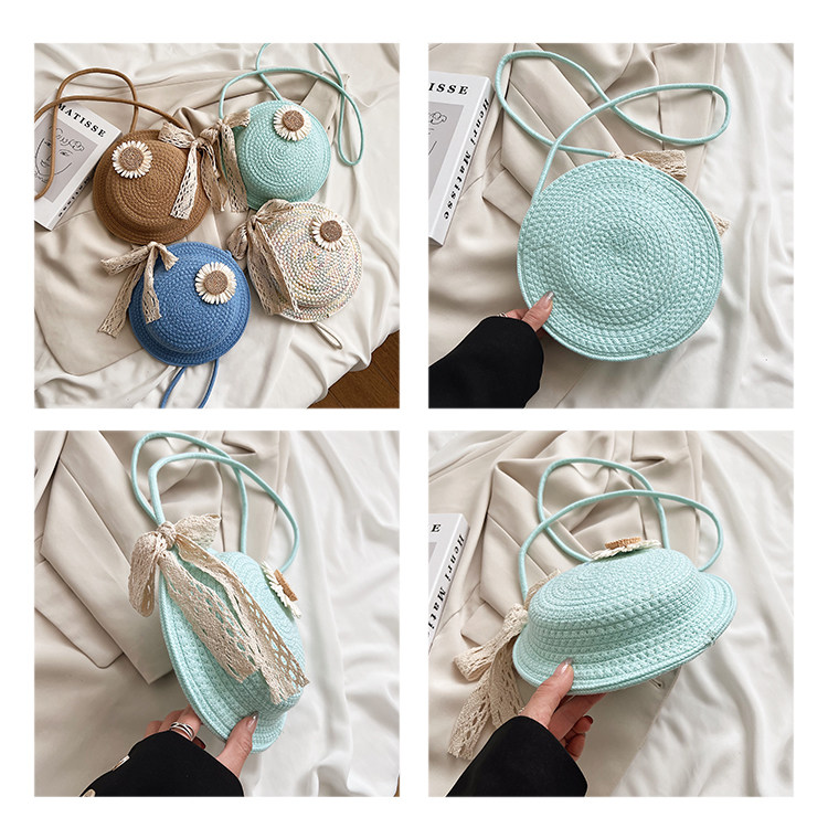 カゴバッグ 花モチーフ付き円形編み込みカゴバッグ