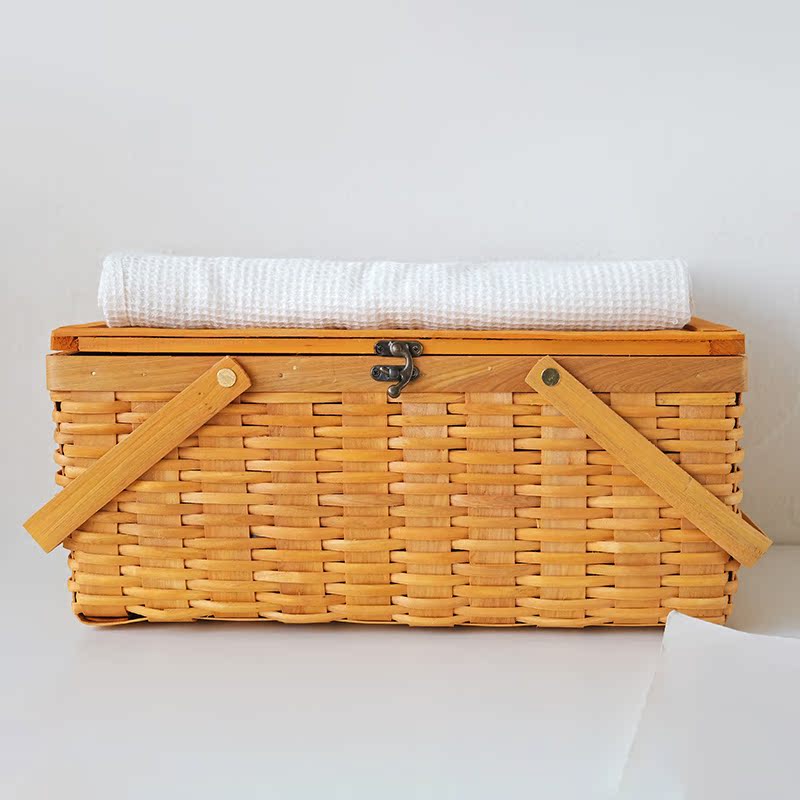 カゴバッグ 手作り風編み込み木製取っ手付きピクニック籠