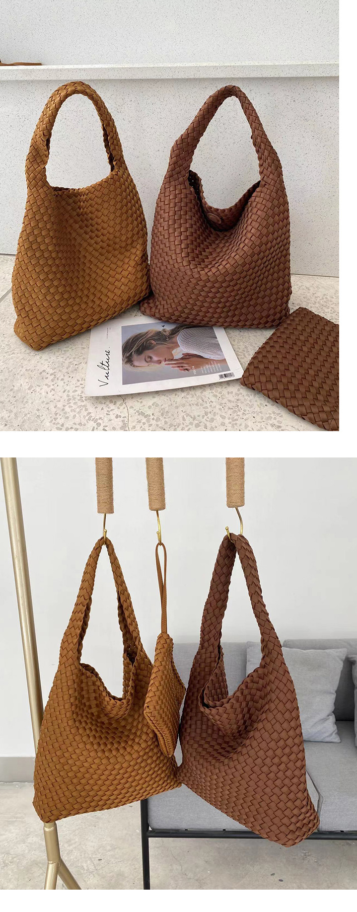 カゴバッグ 編み込みデザイン大容量ハンドル付きかごバッグ
