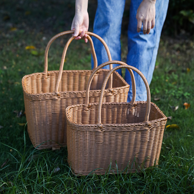 カゴバッグ 手編み籐製四角型持ち手付きかごばっぐ