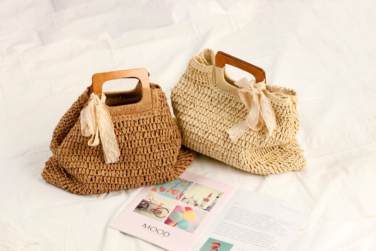 カゴバッグ 木製ハンドル付き手編みカゴバッグ巾着型