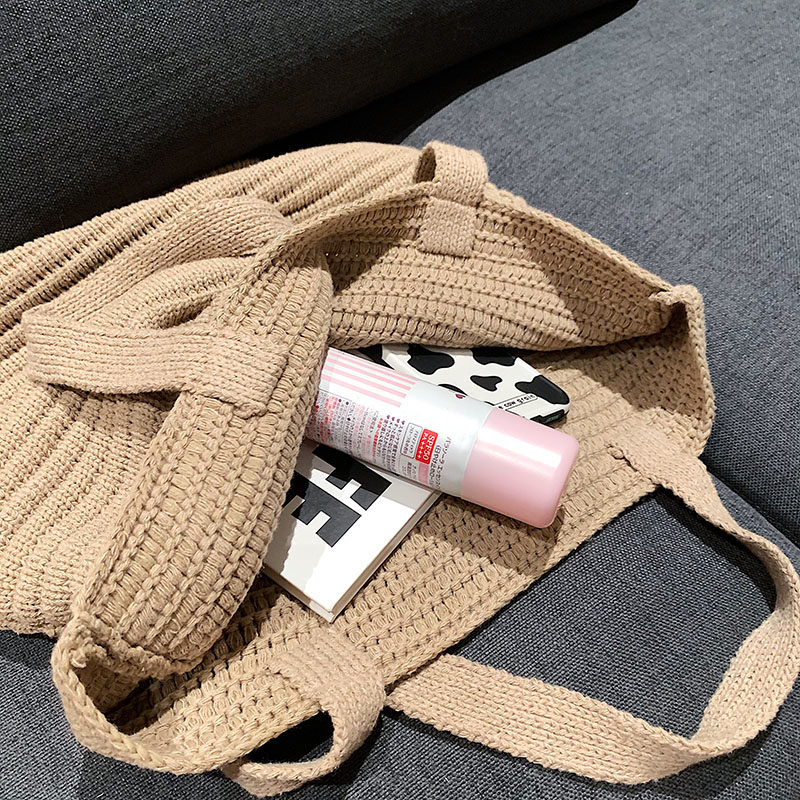 カゴバッグ リボンデザイン編み込みカゴバッグトート型