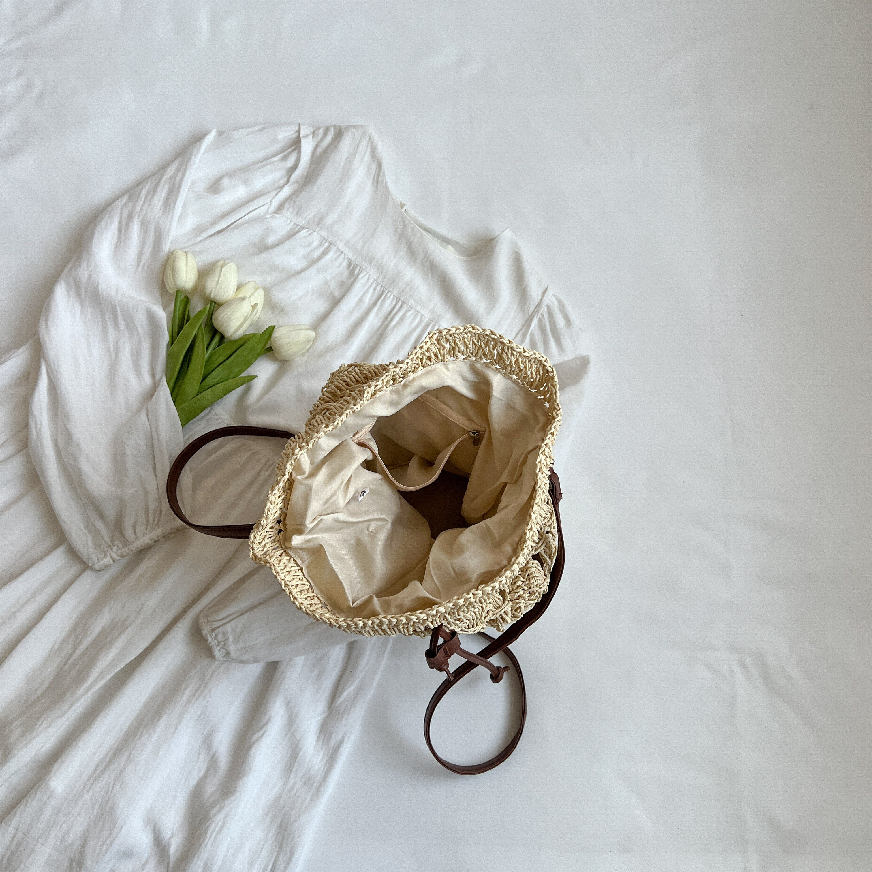 カゴバッグ 手編み風巾着型かごショルダーバッグ