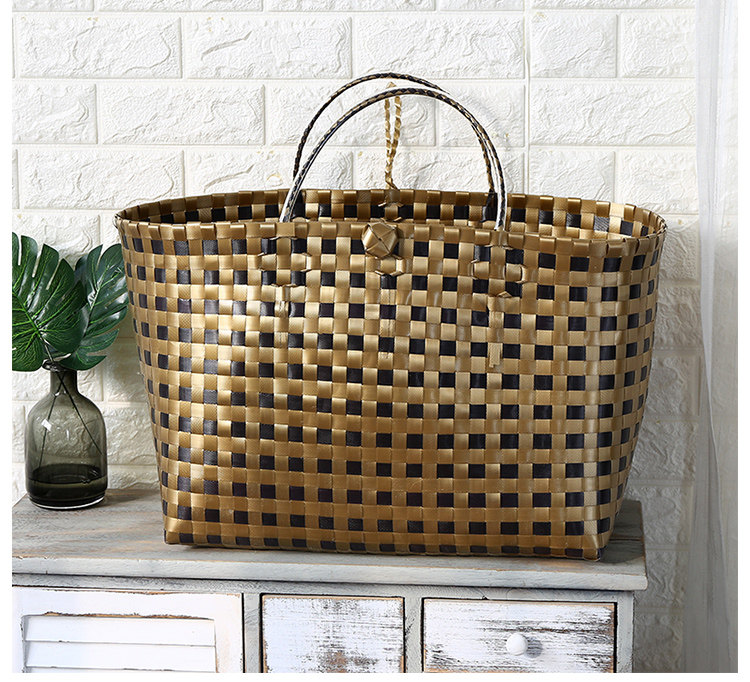 カゴバッグ 市松模様の編み込み大容量トート型かごバッグ