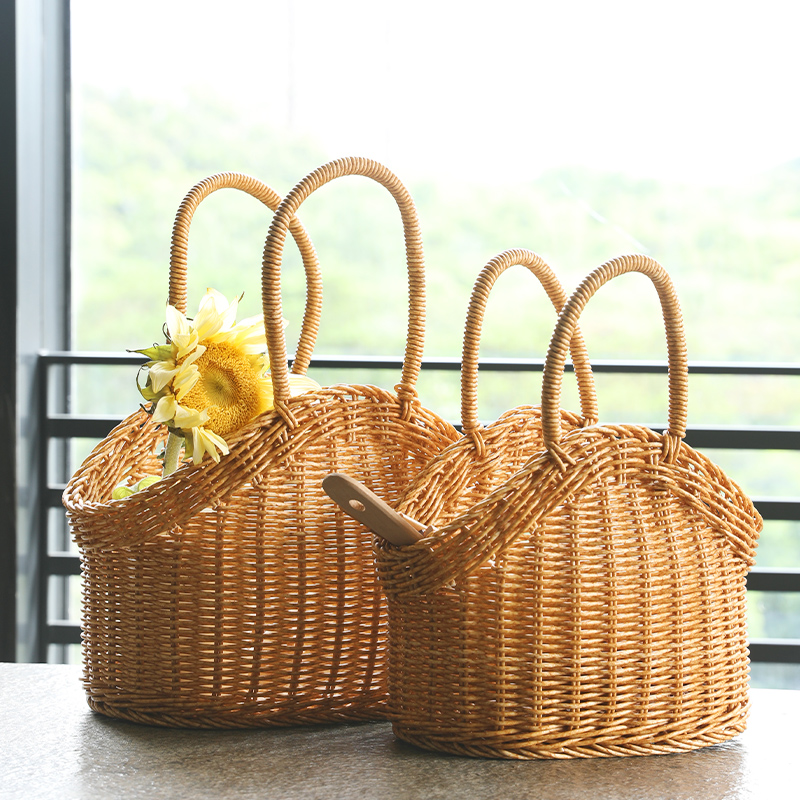 カゴバッグ 天然籐編み丸型持ち手付きバスケット