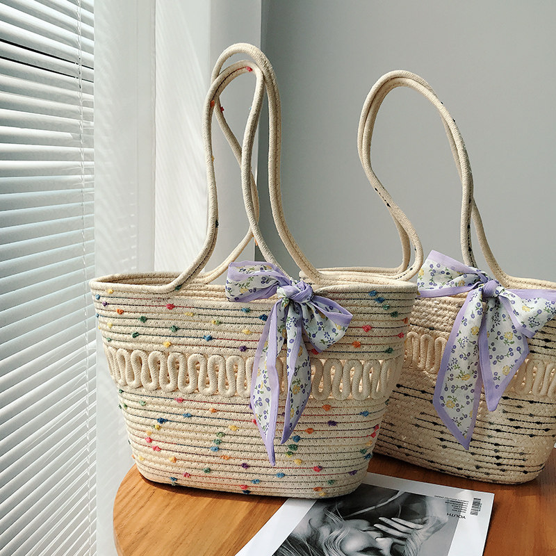 カゴバッグ 花柄リボン付き縄編み大容量かごバッグ