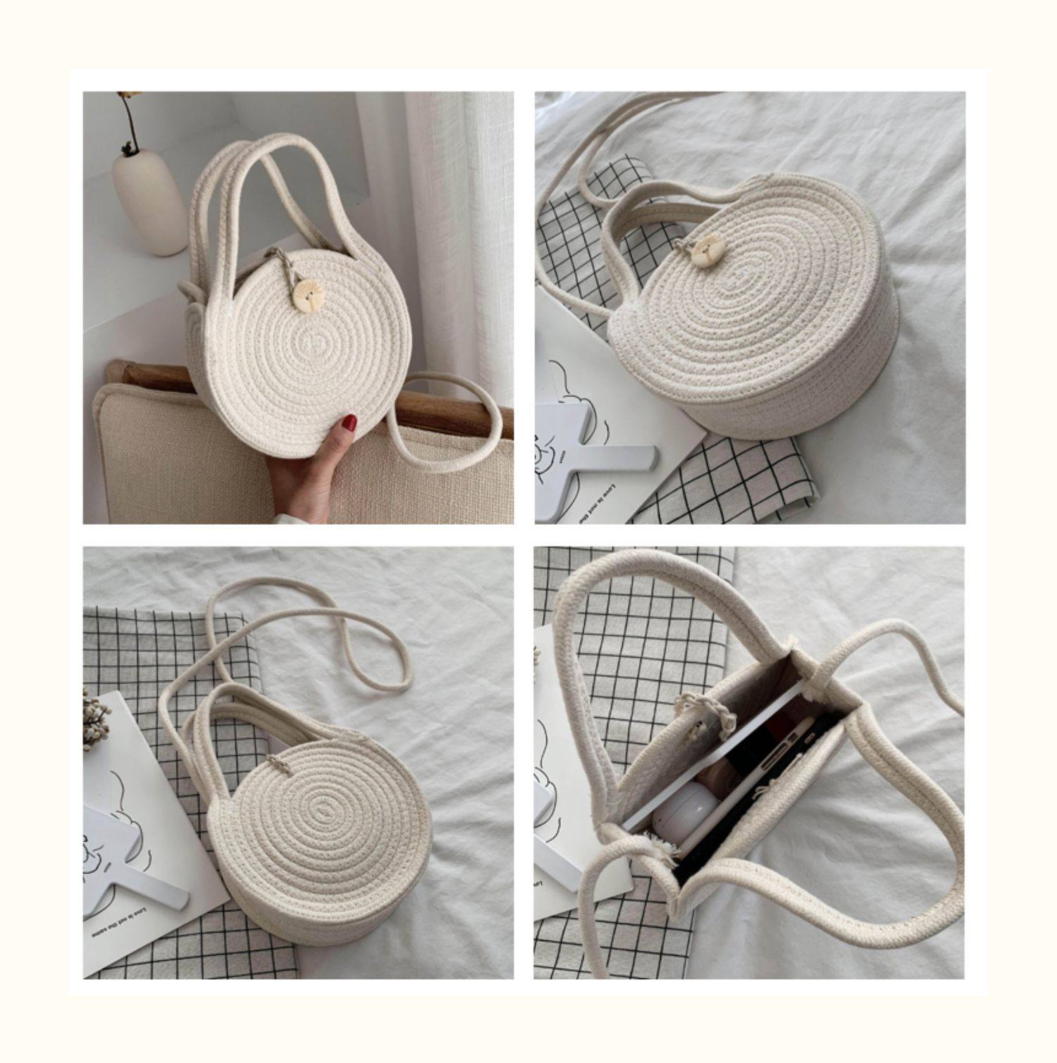 カゴバッグ 渦巻き編み丸型ボタン留めカゴバッグ