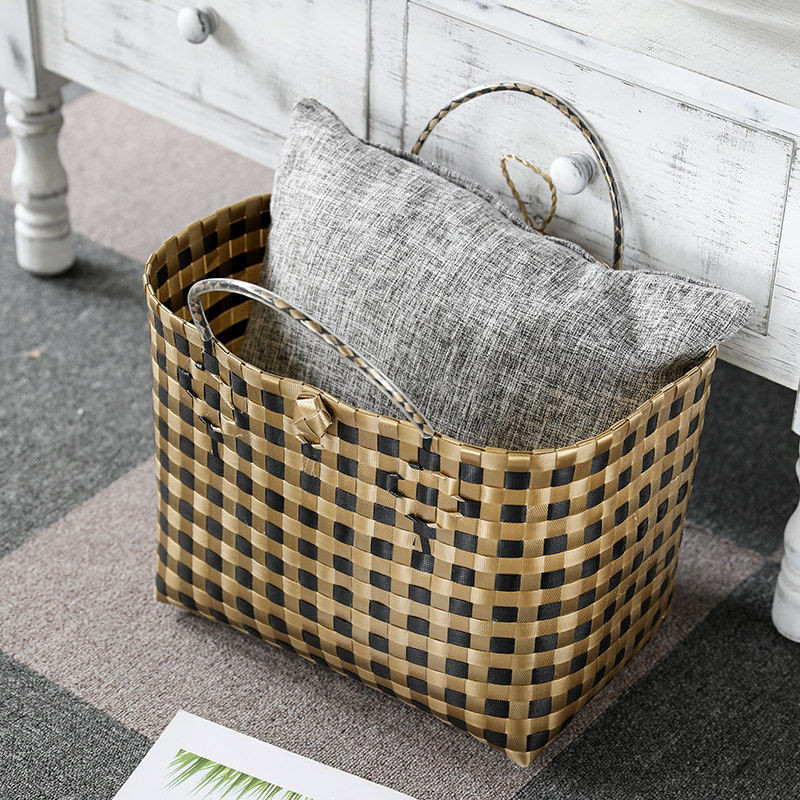 カゴバッグ 市松模様の編み込み大容量トート型かごバッグ