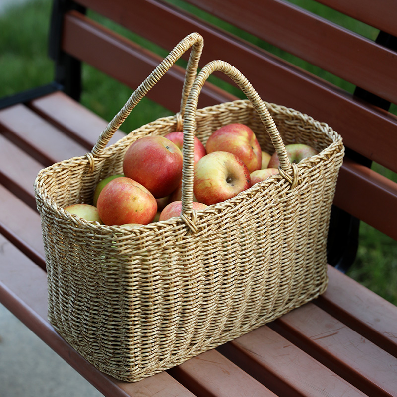 カゴバッグ 天然素材編み込み四角型持ち手付きかご