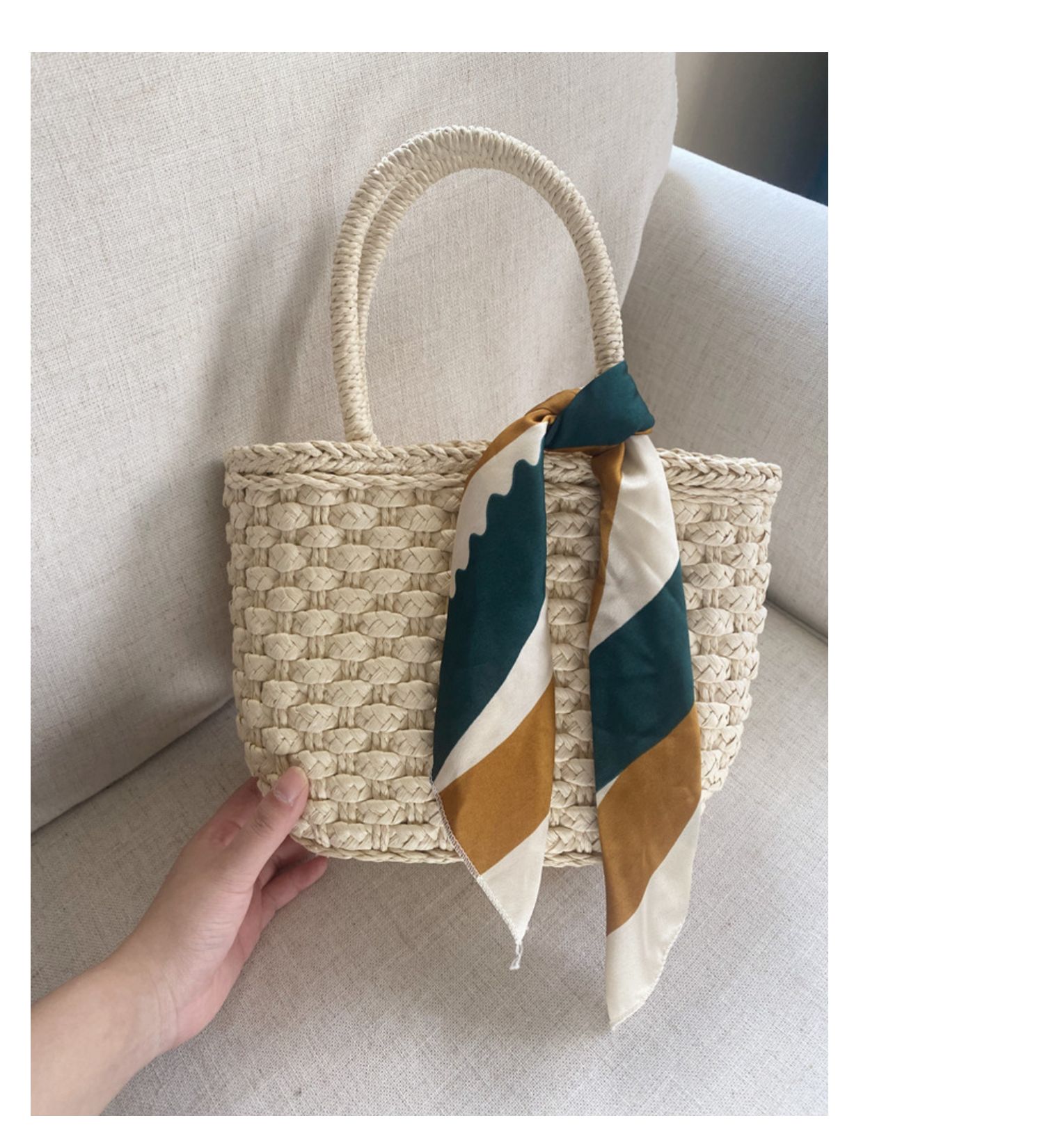 カゴバッグ 手編み藁素材レース飾り付きトート