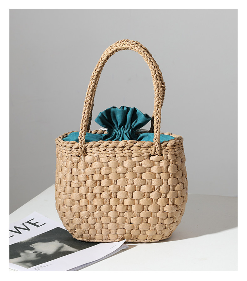 カゴバッグ 巾着付き丸型編み込みカゴバッグ