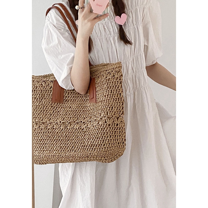 カゴバッグ 異素材編み切り替えデザイン手提げかごバッグ