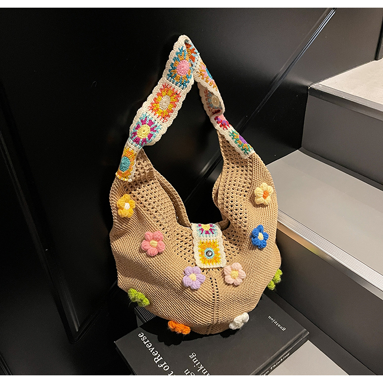 カゴバッグ 花咲く手編みメッシュショルダーバッグ