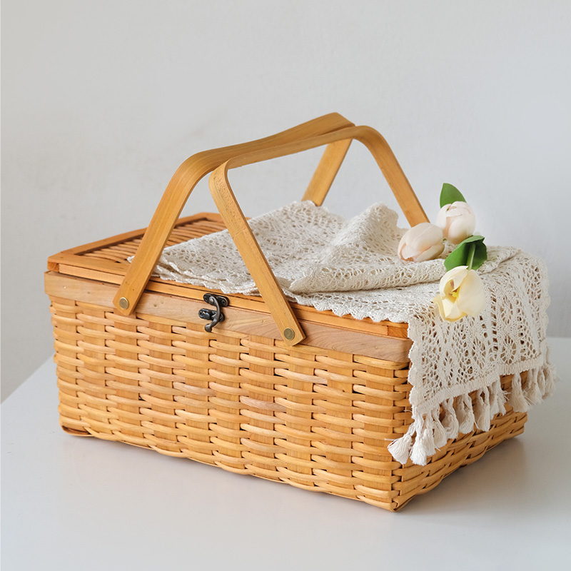 カゴバッグ 手作り風編み込み木製取っ手付きピクニック籠