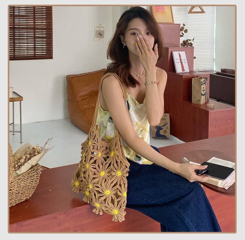 カゴバッグ 花モチーフ編み込みカゴバッグショルダー