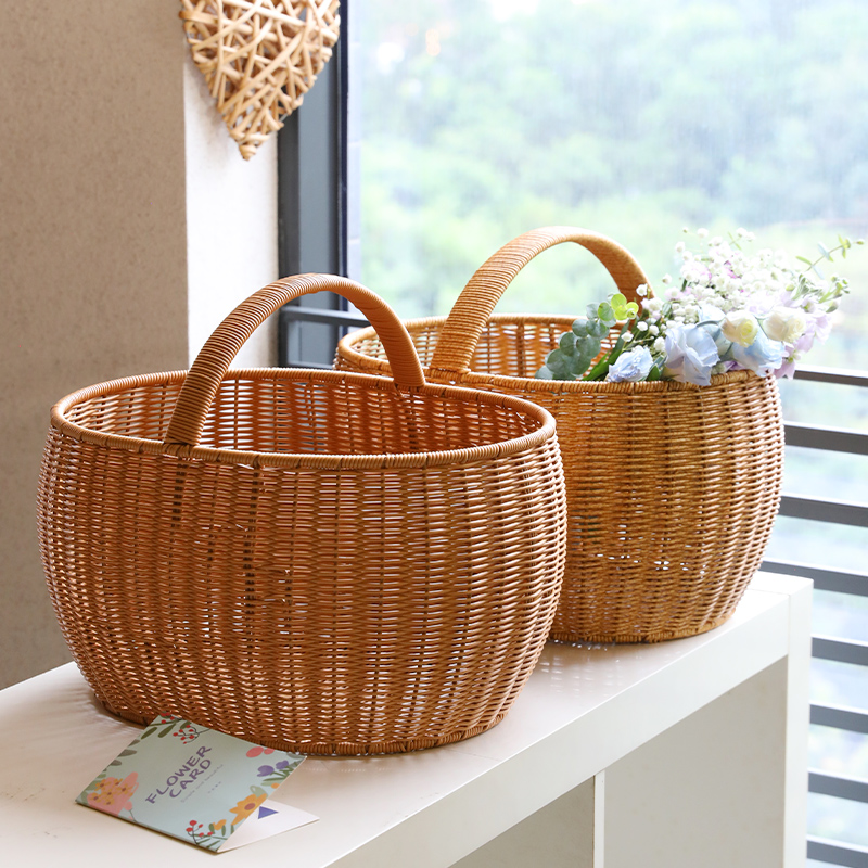 カゴバッグ 天然籐編み丸型持ち手付きカゴバッグ