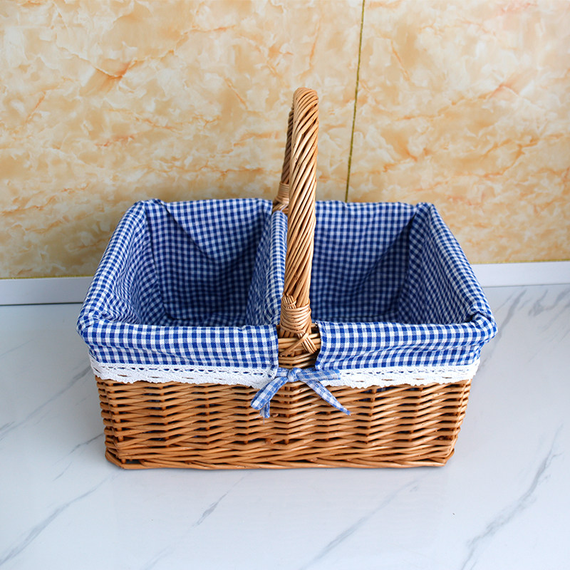カゴバッグ ギンガムチェック布張り仕切り付き籐編みバスケット