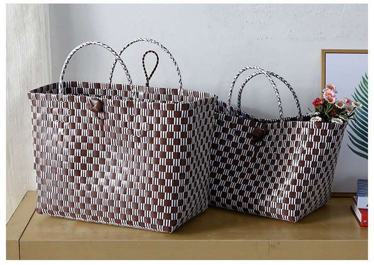 カゴバッグ 市松模様の編み込み大容量トート型かごバッグ