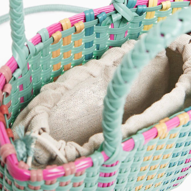 カゴバッグ カラフル縦縞編み込み二通り持ちカゴバッグ