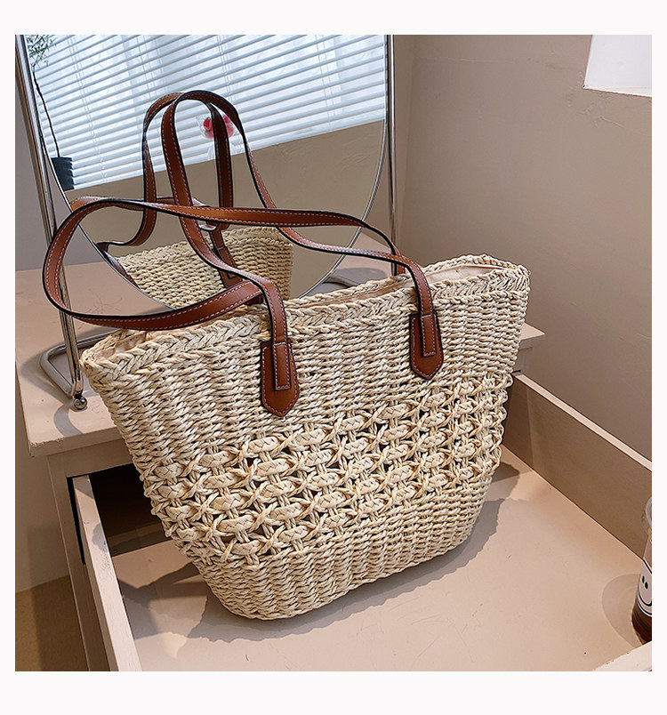 カゴバッグ 透かし編みデザインレザーハンドルトート