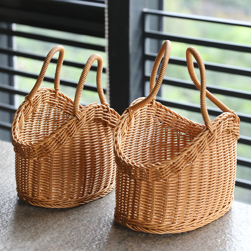 カゴバッグ 天然籐編み丸型持ち手付きバスケット