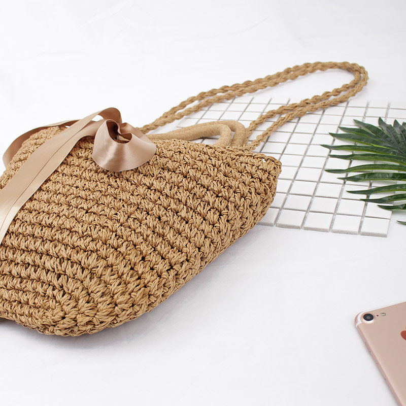 リボン付き編み込みハンドバッグ型カゴバッグ