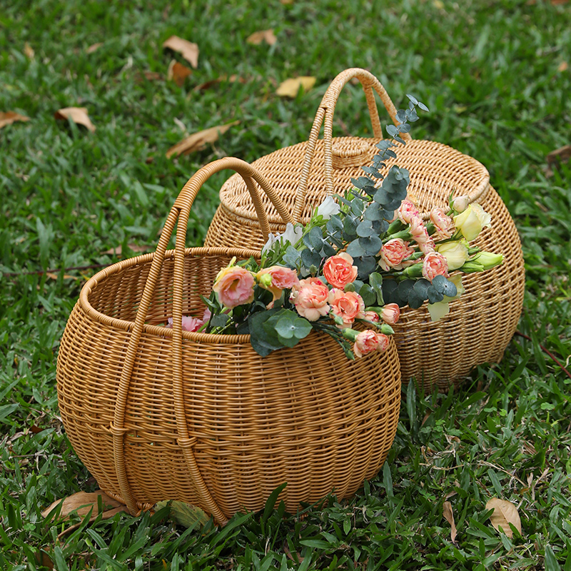 カゴバッグ 天然素材編み込み丸型ハンドル付きバスケット