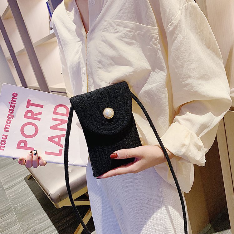 カゴバッグ 編み込み模様パール金具付きミニショルダーバッグ