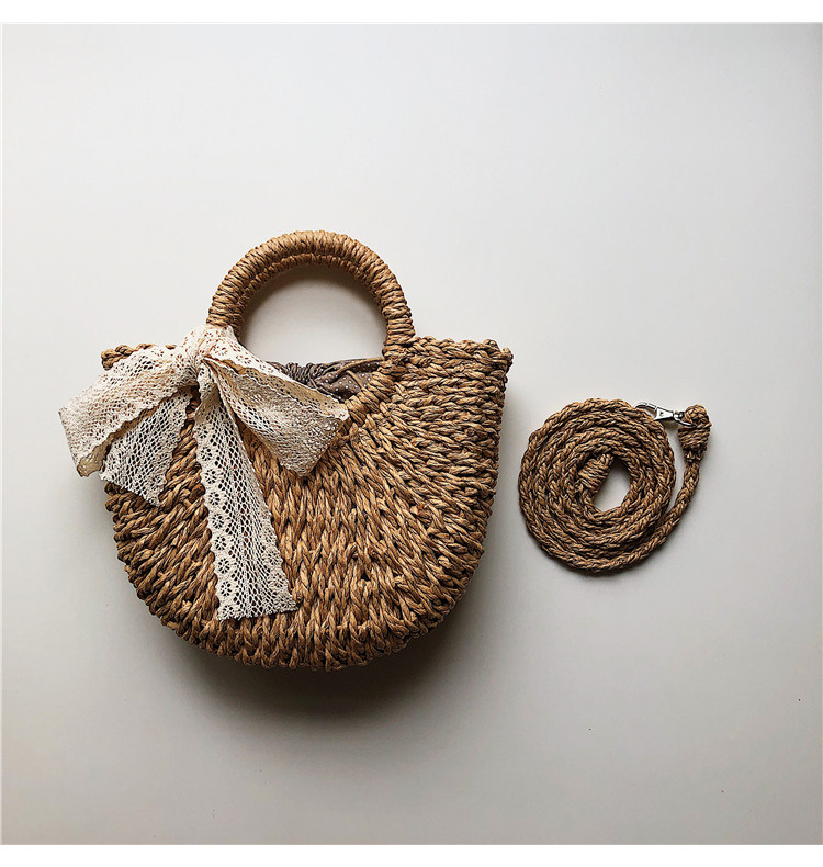 カゴバッグ レース風リボン付き丸型編み込みハンドバッグ